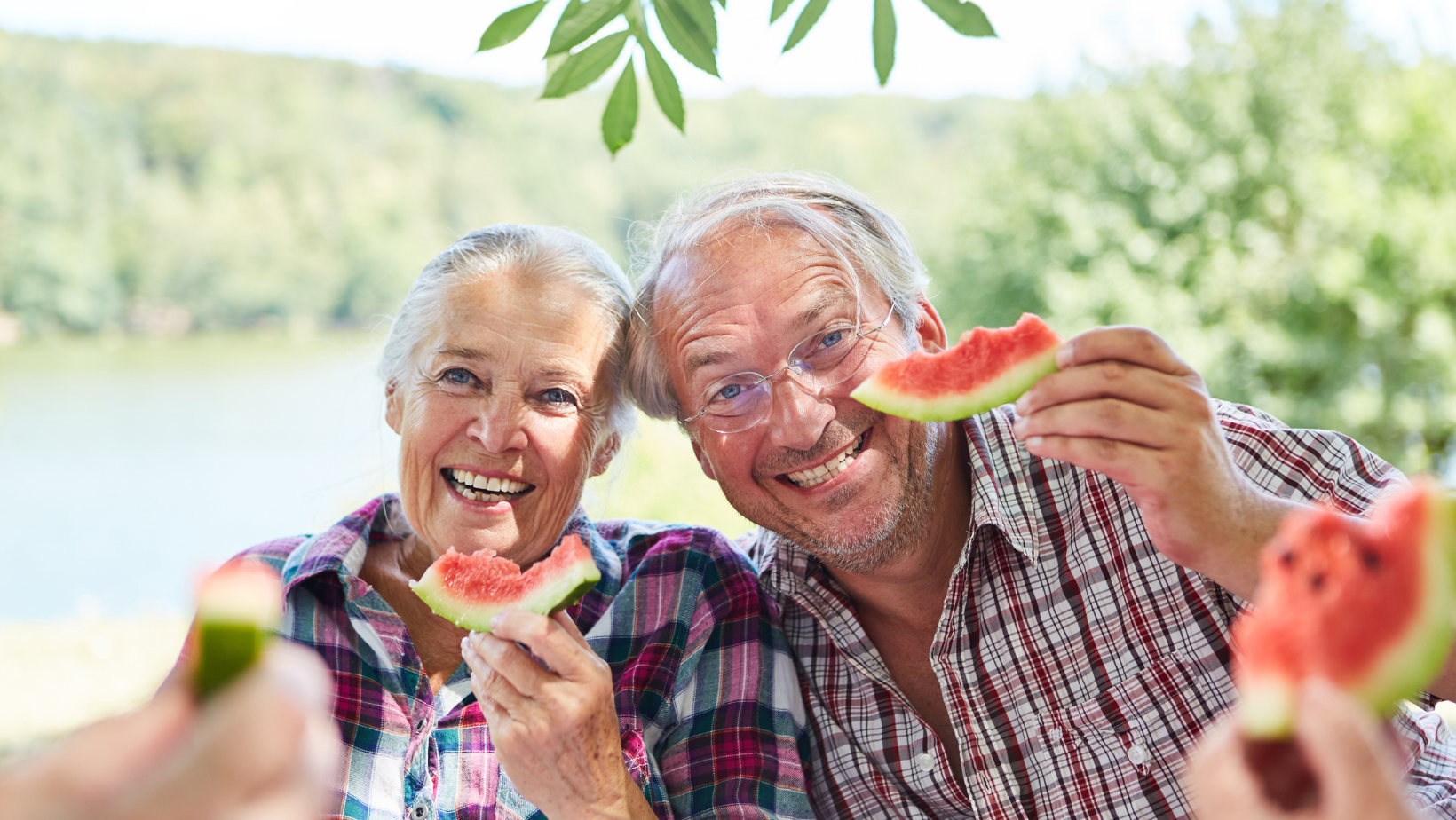 An elderly man and woman happily eating some watermelon