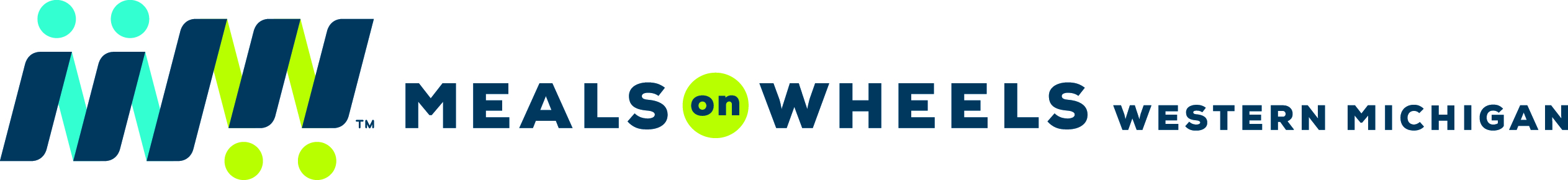 Meals on Wheels Western Michigan horizontal logo in dark blue and light green.