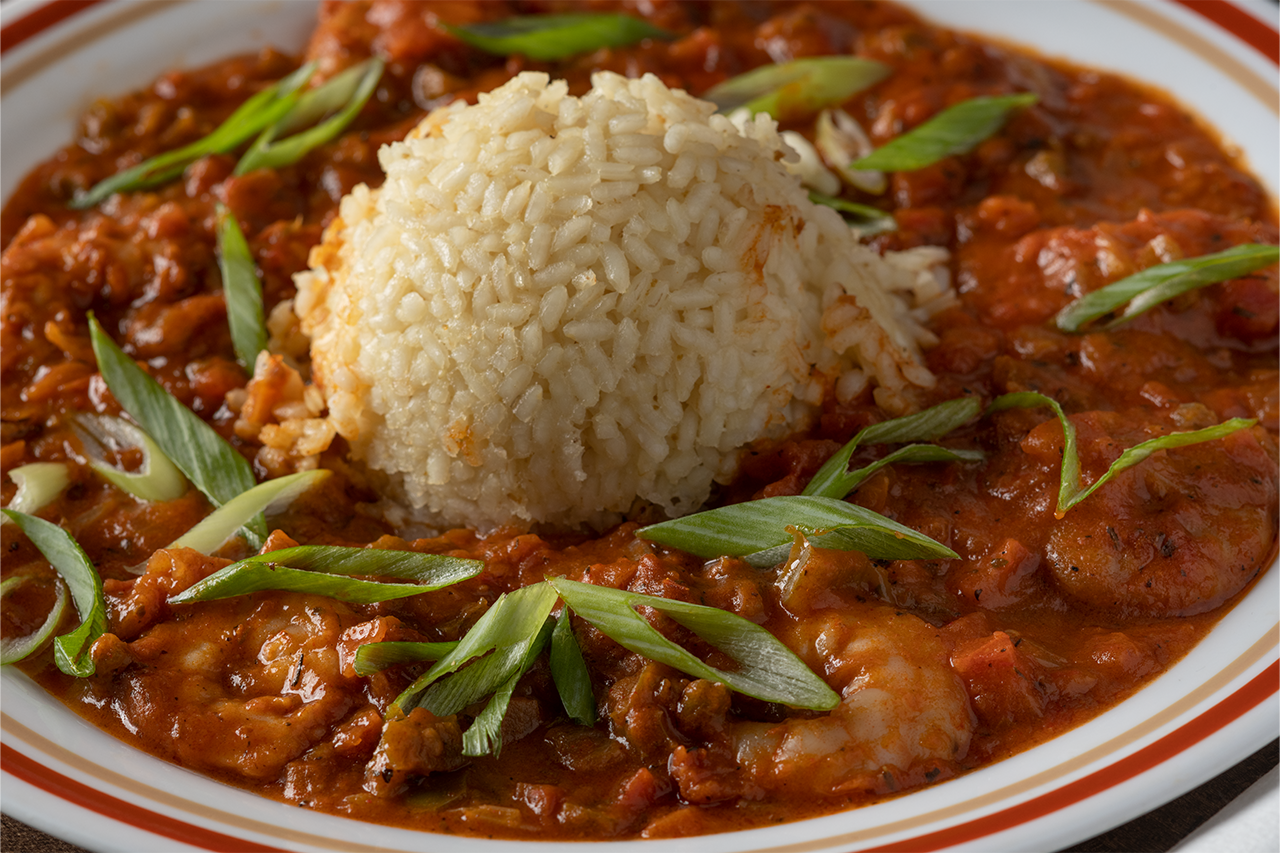 Shrimp Creole with white rice.