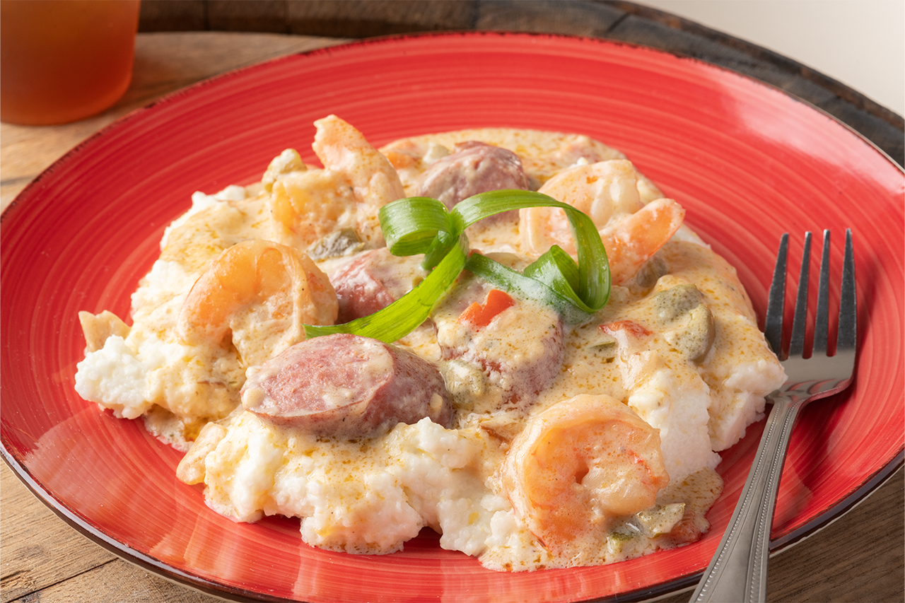 Shrimp and Grits in a red bowl