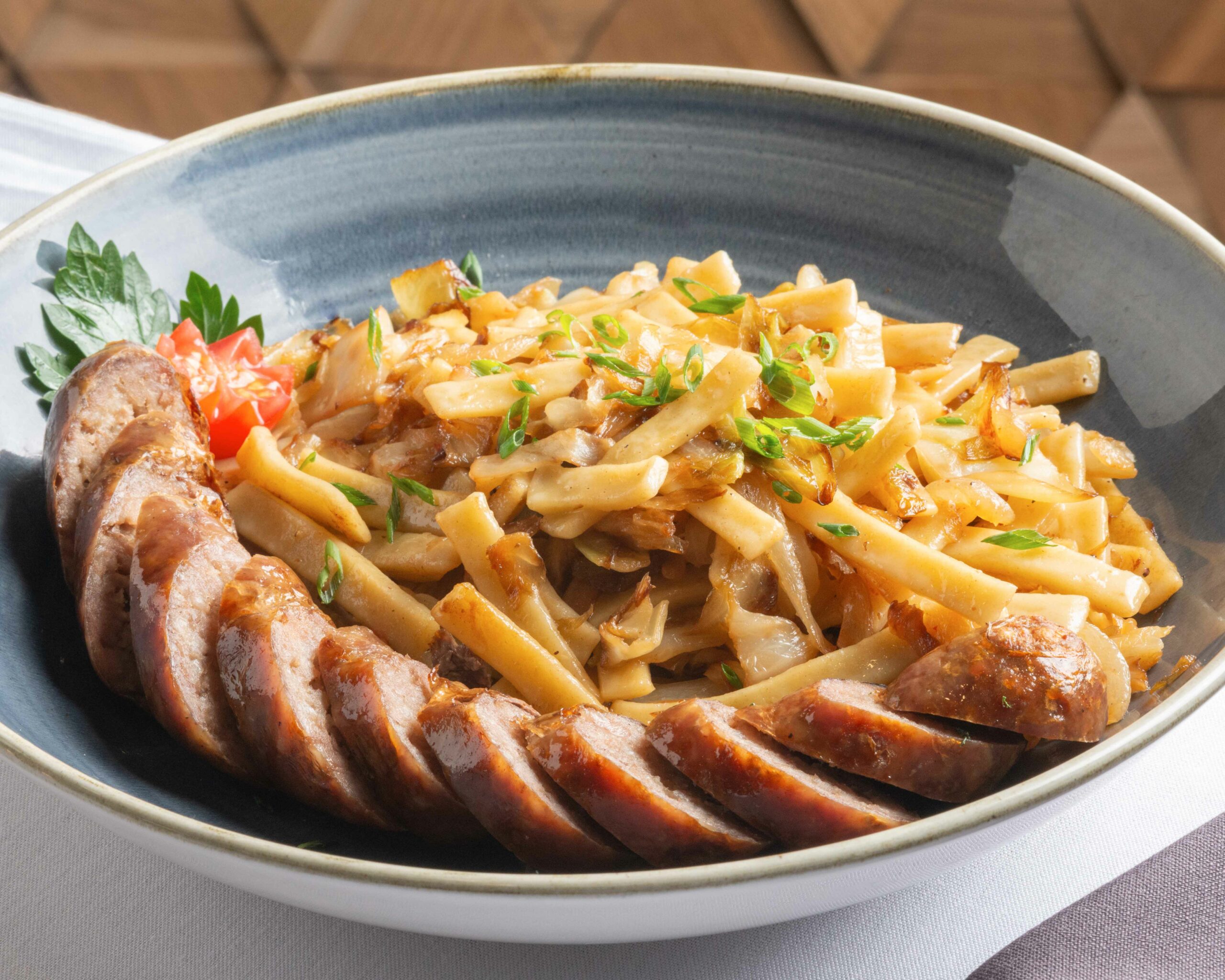 Cabbage and Noodles with Kielbasa in a bowl