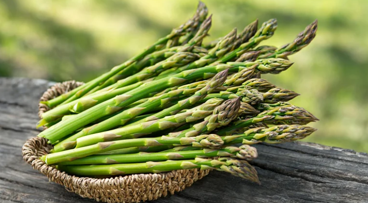 A bunch of asparagus in a decorative bowl placed outside on a wooden railing or table.
